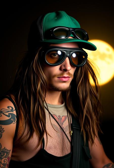 cardboard "Out of buzz right now—could really use your help to get back on track. Thanks!" by side a vagabond, intoxicated, drunk. Goggles john lennon style, long hairs, tattoo. green trucker cap. dark halley light only from the full moon in bkg