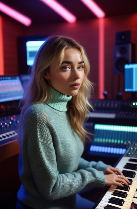 A photorealistic image of sbrn crpntr woman, wearing a warm turtleneck sweater, in a recording studio, captured during the evening, surrounded by instruments and sound equipment, with neon lighting effects, reflecting passion and creativity, in a futuristic setting, dramatic, highly detailed, analog film grain, bokeh