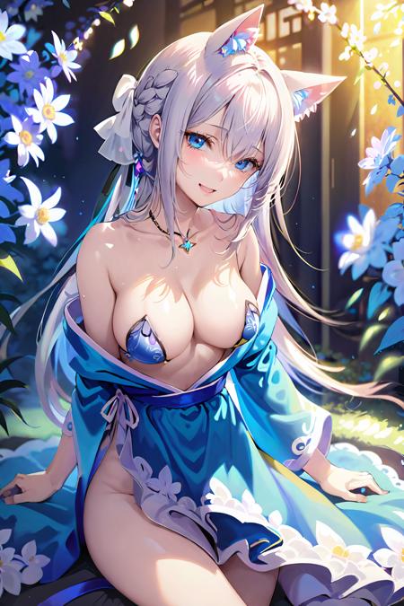 ultra-detailed,(best quality),((masterpiece)),(highres),original,extremely detailed 8K wallpaper,(an extremely delicate and beautiful), anime \\ small_breasts,{one girl}, very long light white hair, beautiful detailed blue eyes, aqua eyes, white robe, cat ears, {flower hairpin}, {surrounded by beautiful detailed blue flowers}, sunlight, light smile, beautiful detailed blue necklace, {{{see-through}}}, flower request, breast_focus, {luxuriant bra}, {{breast_conscious}}, presenting breast, {hand on breast},{covering_breasts},