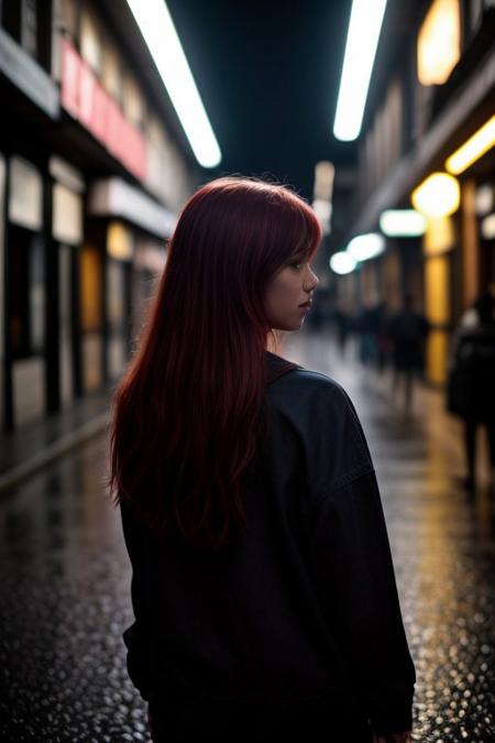dramatic, high contrast, back lighting, Redhead, 19 year old woman , with glowing halo, wearing a wolverine mask,
The haio light is shinning on her hair 
looking over her shoulder back at the ciewer
rain wet street with warm neon lights reflecting
night time