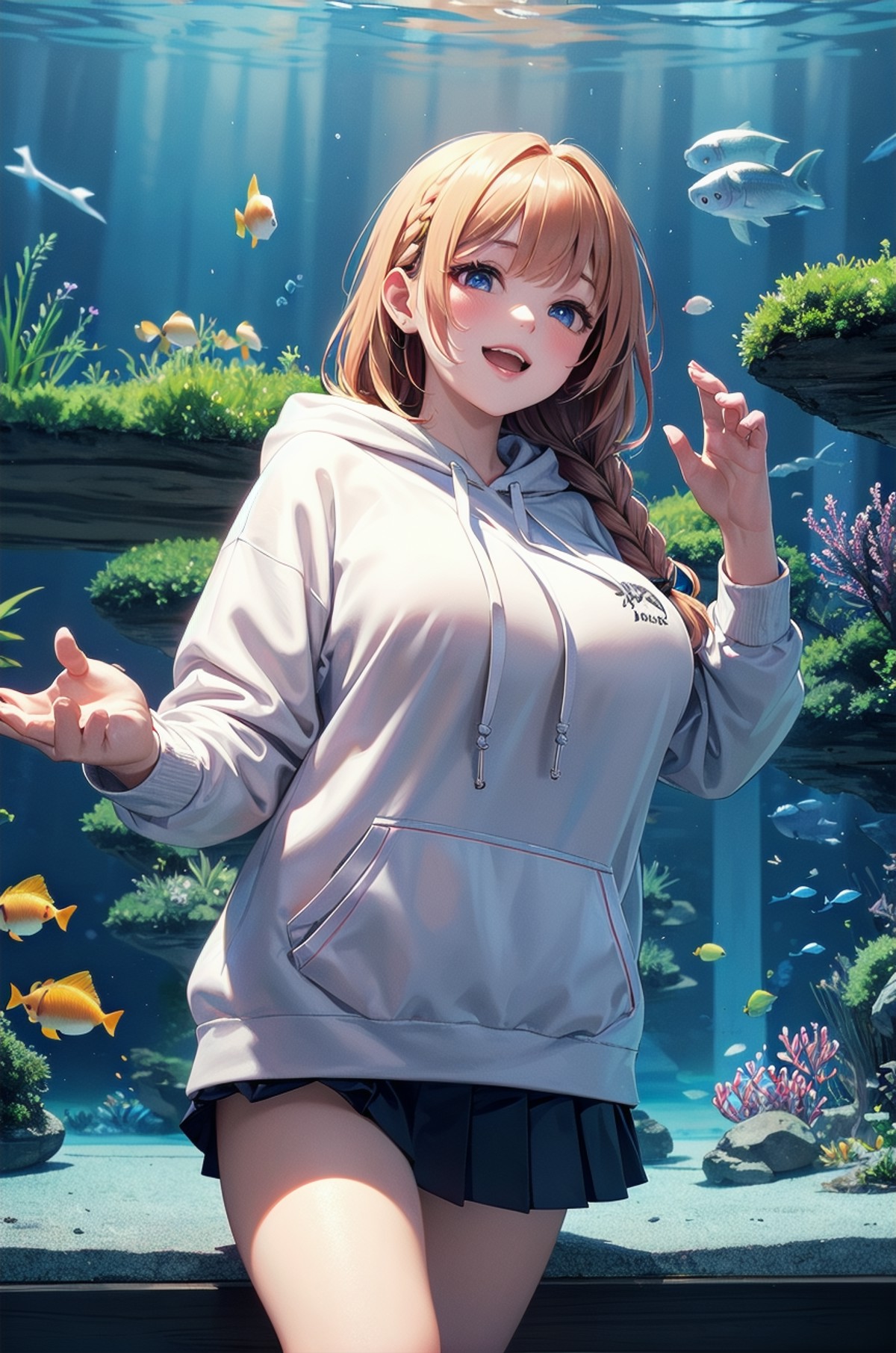 1girl,braids,((white),(hoodie)),(mini pleated skirt),huge breasts,happy,heart,aquarium,from_side,looking_up,available ligh...