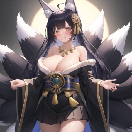 (masterpiece, best quality:1.2),illustration,8k,hd,1girl,solo,cowboy shot,musashi (azur lane),ahoge,huge breasts,long hair,fringe,black hair,animal ears,yellow eyes,cleavage,black skirt,blunt bangs,japanese clothes,fur trim,off shoulder,wide sleeves,facial mark,eyeshadow,whisker markings,necklace,fox ears,fox tail,fox girl,multiple tails,hair ornament,short kimono,geta,magatama,<lora:Musashi(azur)>,