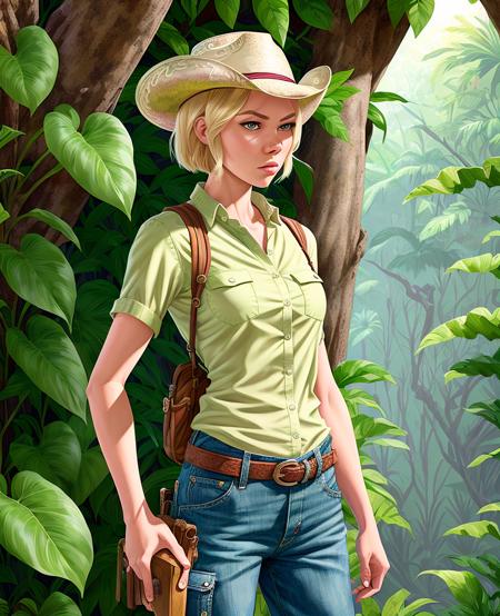 (Gwen Stacy:1.1), ultra-detailed, illustration, high contrast, a woman standing in a dense jungle, vines, dappled sunlight, solo, safari explorer costume, button up t-shirt, hat, cargo shorts, (waist up,  cowboy shot:1.2)