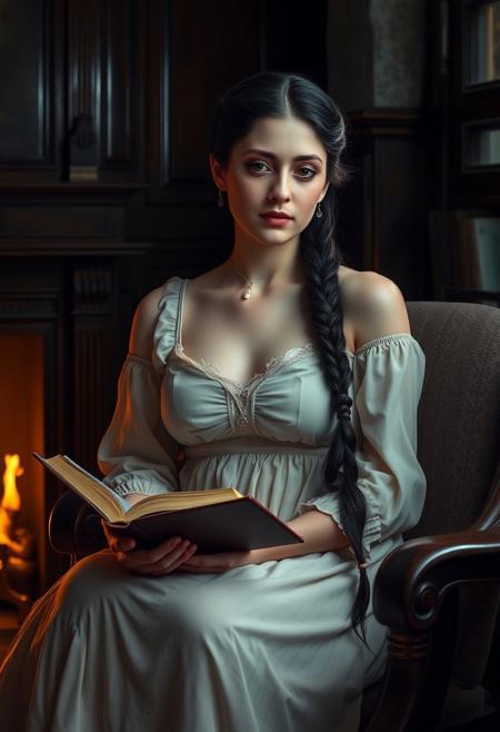 "An ultra-realistic portrait of a graceful 20yo Victorian lady sitting by the fire in her nightgown. Her long black hair is tied up in a single braid which flows down her back. There is dim lighting within the room as she sits and relaxes with a leather bound book in her lap. She has pale skin and freckles, her face is round with small nose. The room is highly detailed and full of dark mahogany furniture."