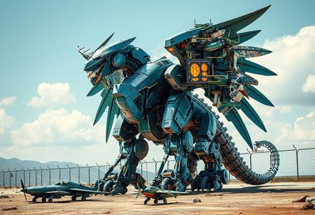 "Create an elaborate, high-quality vector art of a Metal Guardian, adhering to the golden ratio and the optimus sun orientation. The guardian should have a robust, stocky body with two pairs of wings, showcasing a teal gradient. Present it in an 8k panorama shot, with exploded parts assembly emphasizing micro details and lifelike qualities. Include a family photo of aircraft with varying size differences and a rung, set against a Sacred Defense Barrier backdrop. Apply a 35mm grain filter for an artistic touch, as envisioned by Gediminas Pranckevicius, popular on ArtStation."