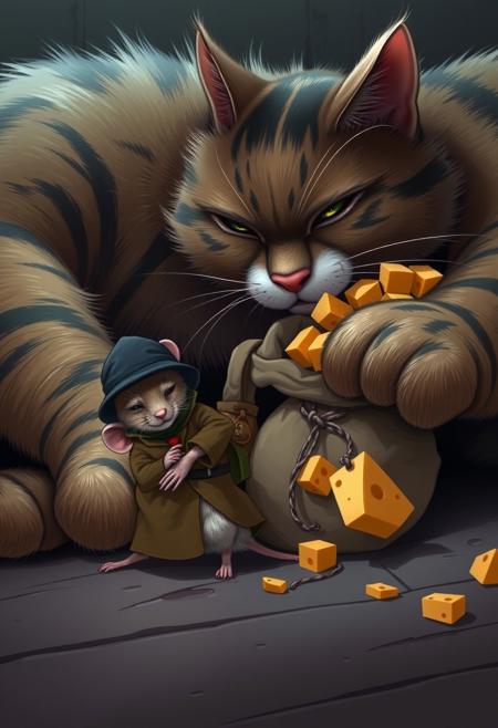 "Comically realistic scene: a tiny mouse, dressed in a miniature burglar's outfit, attempts to sneak past a gigantic sleeping cat, carrying a sack overflowing with pilfered cheese. However, the mouse is oblivious to the fact that the cat is actually wide awake, with one eye slyly open and watching the mouse's every move. The cat's paw is subtly extended, pinning the mouse's tail to the floor, holding it in place. The mouse's face is contorted in concentration, its beady eyes fixed on the prize, while the cat's expression is a masterclass in feline stealth and cunning. The surroundings are dimly lit, with shadows and textures adding to the comedic tension. Style: highly detailed, comically exaggerated, and full of personality, with a focus on capturing the humor and absurdity of the situation."