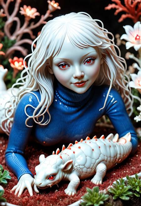award winning photo macro shot of a beautiful albino young d4rkn355 woman lying in a majestic coralbugXL crafted colorful ceramic and porcelain figurine of a flowerbed, white hair, dynamic lighting, cinematic still, pale ceramic skin, screencap, skin texture, contemplative, smirk, piercing red eyes, extremely long hair, sleek hair, portrait, dynamic pose, (blue turtleneck), 100mm f/2.8 macro lens,