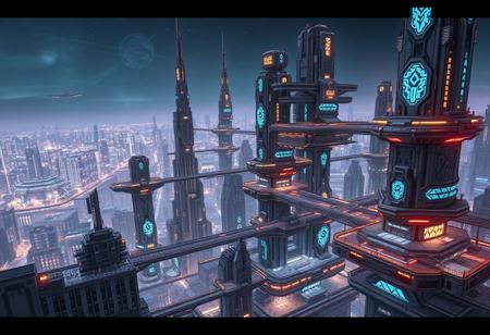 In a sprawling, far-future sci-fi metropolis, an expansive, multi-tiered cityscape extends across the horizon. Massive, modular structures complex of futuristic architecture are crafted with gleaming alloys, glass, and synthetic materials, each tower adorned with intricate light patterns and holographic displays that pulse rhythmically against the night sky. At various levels, networks of suspended pathways, elevators, and multi-level bridges connect buildings, creating a lattice of pedestrian and vehicle routes in three dimensions.