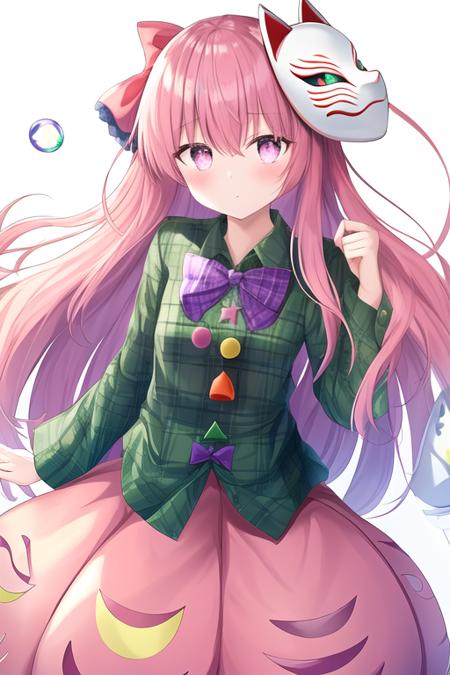 masterpiece, best quality, highres, solo, {hata_no_kokoro_touhou:1.10}, long_hair, pink_hair, pink_eyes, plaid, bow, expressionless, very_long_hair, bangs, bowtie, hair_between_eyes, 1girl, long_sleeves, looking_at_viewer, mask, mask_on_head, plaid_shirt, purple_bow, purple_bowtie, shirt, bubble_skirt, closed_mouth, skirt, white_background, green_shirt, simple_background, circle, star_\(symbol\)