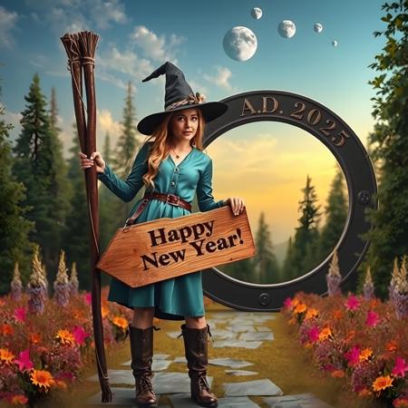 photo realistic mysterious friendly looking beautiful witch wearing turquoise leather dress clothes and overknee boots holding a wooden sign where is written on "Happy New Year!", standing in front of a omega formed dimensions wormhole stargate where above on a plate it is printed "A.D. 2025". in the background is an enchanted colorful forest with marvelous flowers plants, at the sky are moon stars planets, photo realistic as possible, colorful, high rsolution, best quality, sharp intricate photo