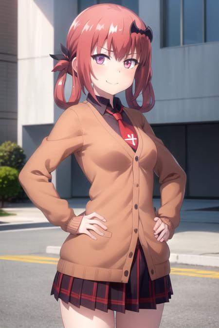 (extremely detailed CG unity 8k wallpaper), (masterpiece), (best quality), (ultra-detailed), (best illustration), (best shadow), (absurdres), 1girl, solo, <lora:satania:0.8>, satanichia kurumizawa mcdowell, school uniform, cardigan, black shirt, red necktie, looking at viewer, hands on hips, smug, smirk, v eyebrows