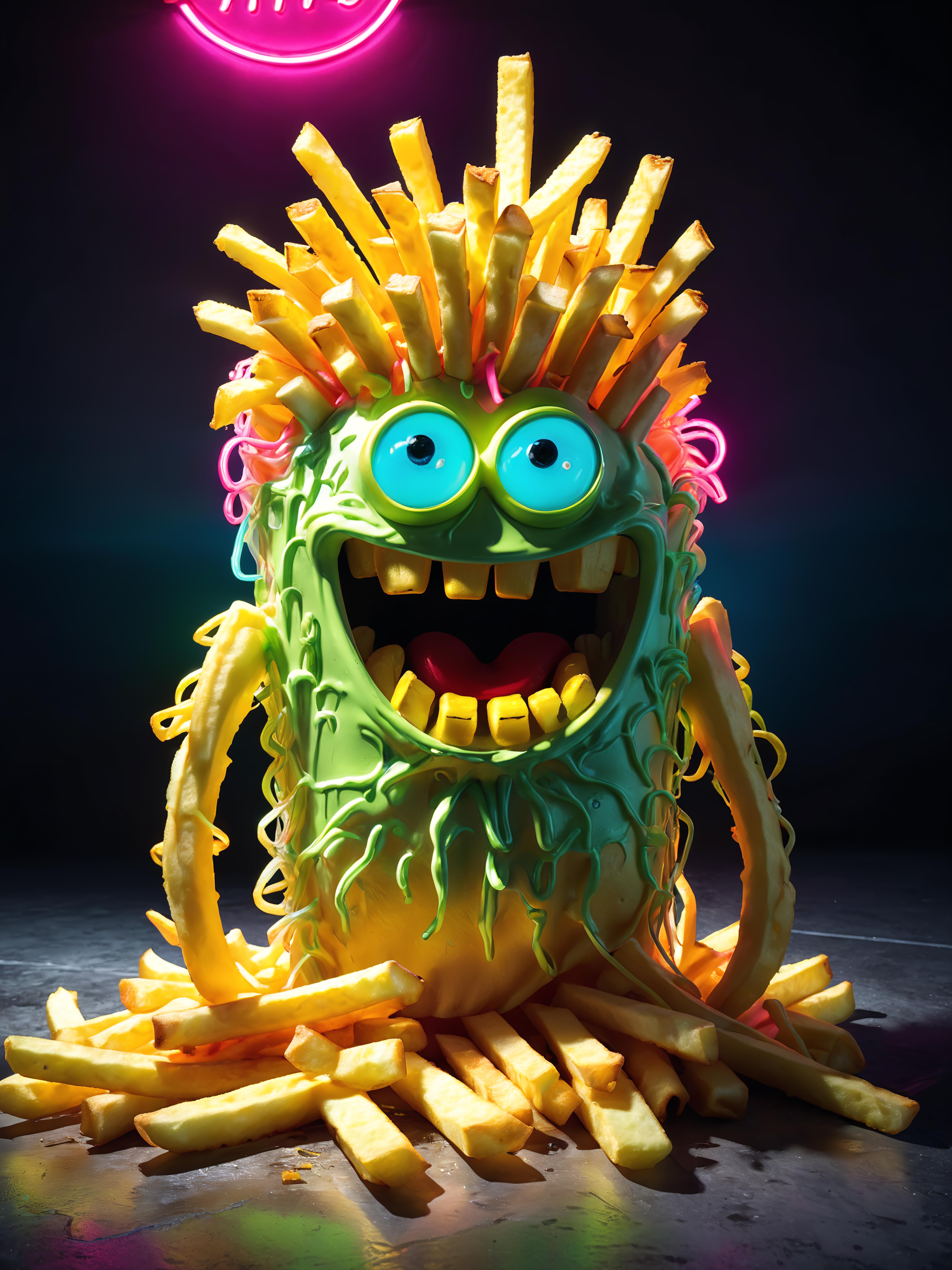 A funny looking monster with a mouth full of teeth made of french fries.