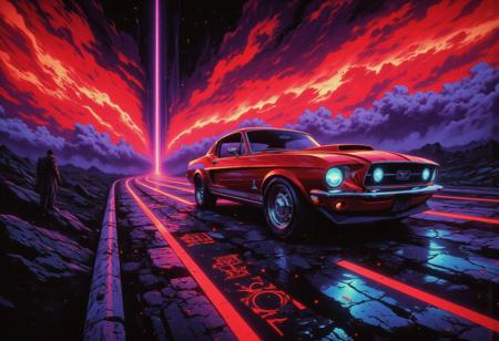 A sleek, red muscle car speeding down a desolate highway, its form a silhouette against the breaking dawn. The road stretches infinitely into the horizon, glowing with streaks of vivid reds, purples, and oranges that bleed into the sky, casting an ethereal glow over the surreal landscape. Directional light from the rising sun creates dramatic contrasts, illuminating swirling mist that clings to the ground and refracting into shimmering light particles suspended in the air.
The car’s headlights pierce through the haze, their beams leaving long trails of light in the motion blur that streaks across the scene. Motion lines and a subtle stereoscopic effect emphasize the speed, making the image pulse with energy. In the foreground, the muscle car gleams with sharp focus, its chrome accents catching the kaleidoscope of dawn's colors. The elongated shadows of the car stretch across the cracked asphalt, which is etched with strange, arcane symbols glowing faintly, hinting at a deeper mystery.Above, the sky with vivid hues swirling like a painted canvas, creating a surreal juxtaposition against the gothic desolation of the road. A lone silhouette stands at the side of the highway, barely discernible, their form shrouded in mystery. The entire scene exudes symbolism—speed, freedom, and the fleeting passage of time—while the haunting beauty of the dawn suggests both an ending and a beginning. The motion and vivid colors pull the viewer into a dreamlike, cinematic moment frozen in time.