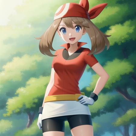 <lora:character_pokemon_may_v3:0.5> forest, 1girl, character_pokemon_may, solo, cowboy shot, standing, looking at viewer, smile, open mouth, hand on hip, hand on own thigh, bandana, shirt, skirt, bike shorts, gloves, fanny pack