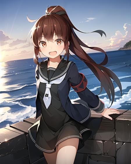 masterpiece, (best quality:1.4), photorealistic, best illustration, best shadow, (beautiful detailed:1.4), finely detailed, dramatic light, HDR, ray-tracing, intricate details, outdoor ocean scenery, 1girl, cowboy shot, (fumizuki kai ni:1.33) from kantai collection, solo,  ponytail, very long hair, (white:1.22) neckerchief, flat chest, brown hair, smile, open mouth, sun, diffraction spikes, finely detailed iris, (long sidelocks), red trim, black jacket, black skirt, black sailor collar, crescent neckerchief, pin, cuffs, brown eyes, (necktie:0.9)