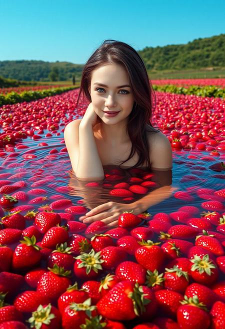 A surreal lake entirely covered with ripe, juicy strawberries, forming a vibrant red surface that glistens under the warm sunlight. In the center of this sea of strawberries, a nude attractive girl with beautiful face and beautiful big blue eyes, long dark red hair ending in dark blue tips, drill hair style, swimming  gracefully. Her collarbone glistens as she rests her head on her arm, her upper body submerged in the crystal-clear water, creating soft ripples among the strawberries. Her playful expression and relaxed posture reflect the joy of the moment. Around the lake, lush green hills and strawberry bushes stretch into the distance, with the sweet scent of strawberries filling the air. The sky above is a perfect blue, completing this dreamy, whimsical scene