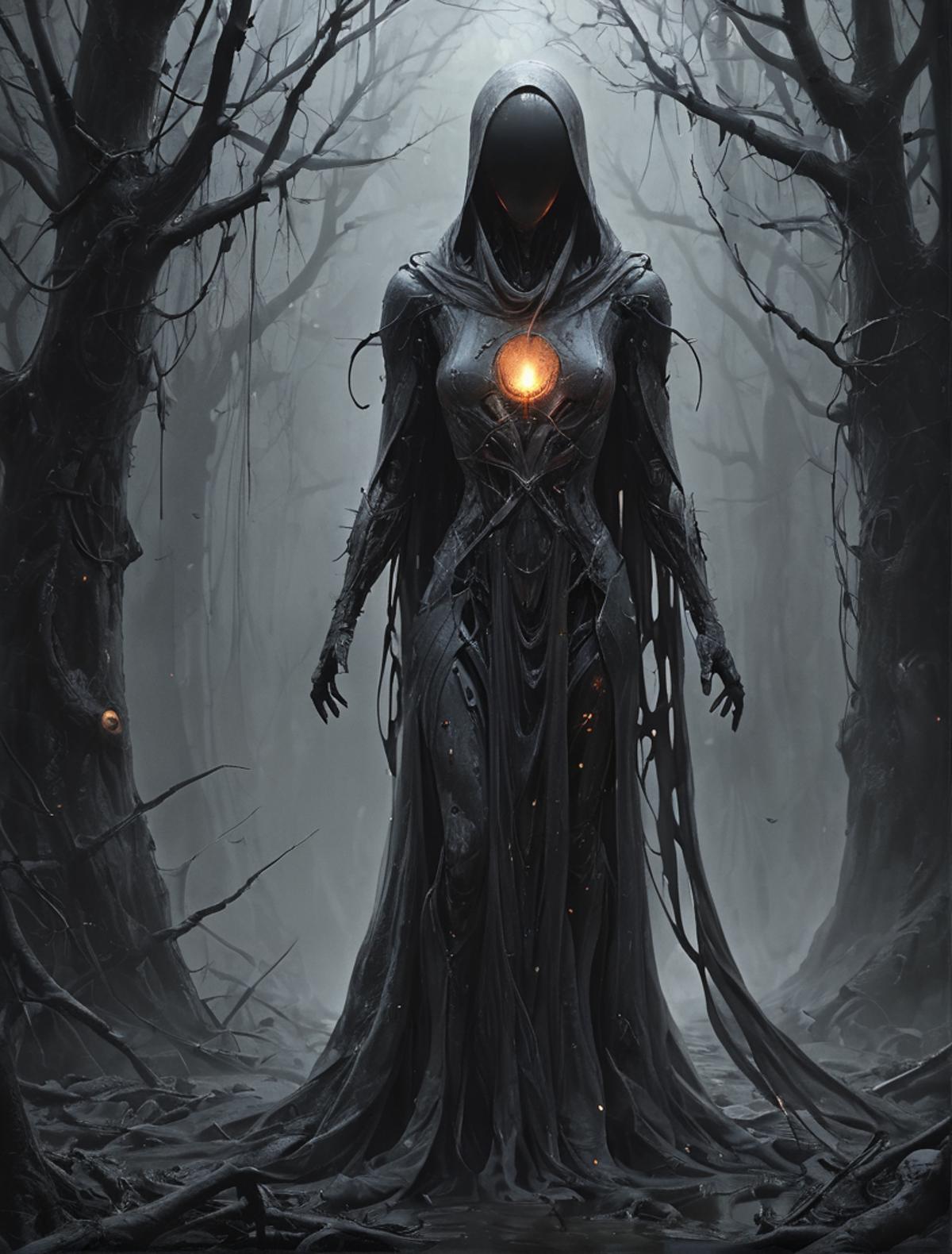 A woman in a black dress stands in a dark forest, with a heart on her chest.