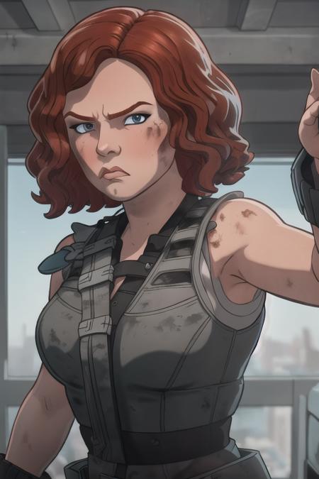 whatif style, (8k, RAW photo, best quality, masterpiece:1.2), perfect eyes, perfect face, perfect lighting, beautiful, (masterpiece:1.2), (best quality:1.2), 1woman, mature, flat shaded style animation, solo, fight pose, angry face, look at viewer, redhead, short hair, wavy hair, <lora:blackwidowWI-10:0.75>, blue eyes, extremely dirty face