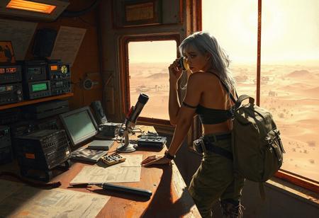 A digital painting in a realistic, cinematic, retro-futuristic sci-fi style. Interior of a military radio transmission and observation tower. A female operator leans forward over a rugged wooden-and-metal desk, gripping a vintage tabletop microphone with one hand and holding professional over-ear headphones to her ear with the other. She wears informal, survivor-style military gear: a sleeveless, loose-fitting crop top and worn tactical pants, with scuffed combat boots. Her silver-gray hair falls to the side, and she's seen in profile, focused intently on the transmission. The room is cluttered with analog military radio gear, softly glowing radar screens, tactical maps, binoculars, firearms, and a slow-spinning metal desk fan. A rugged military backpack lies nearby. Behind her, a reinforced window with rusted metal framing reveals the exterior: the base’s infrastructure with hangars, marching soldiers, and armored vehicles, all under a harsh sun. Beyond the base, endless desert dunes stretch out with sparse desert vegetation—scrub bushes, dry grasses, and isolated cactus-like plants. A distant oasis shimmers on the horizon. Warm interior lighting contrasts with the blinding heat and brightness of the outside. The atmosphere is dusty, tactical, cinematic, and filled with quiet intensity.