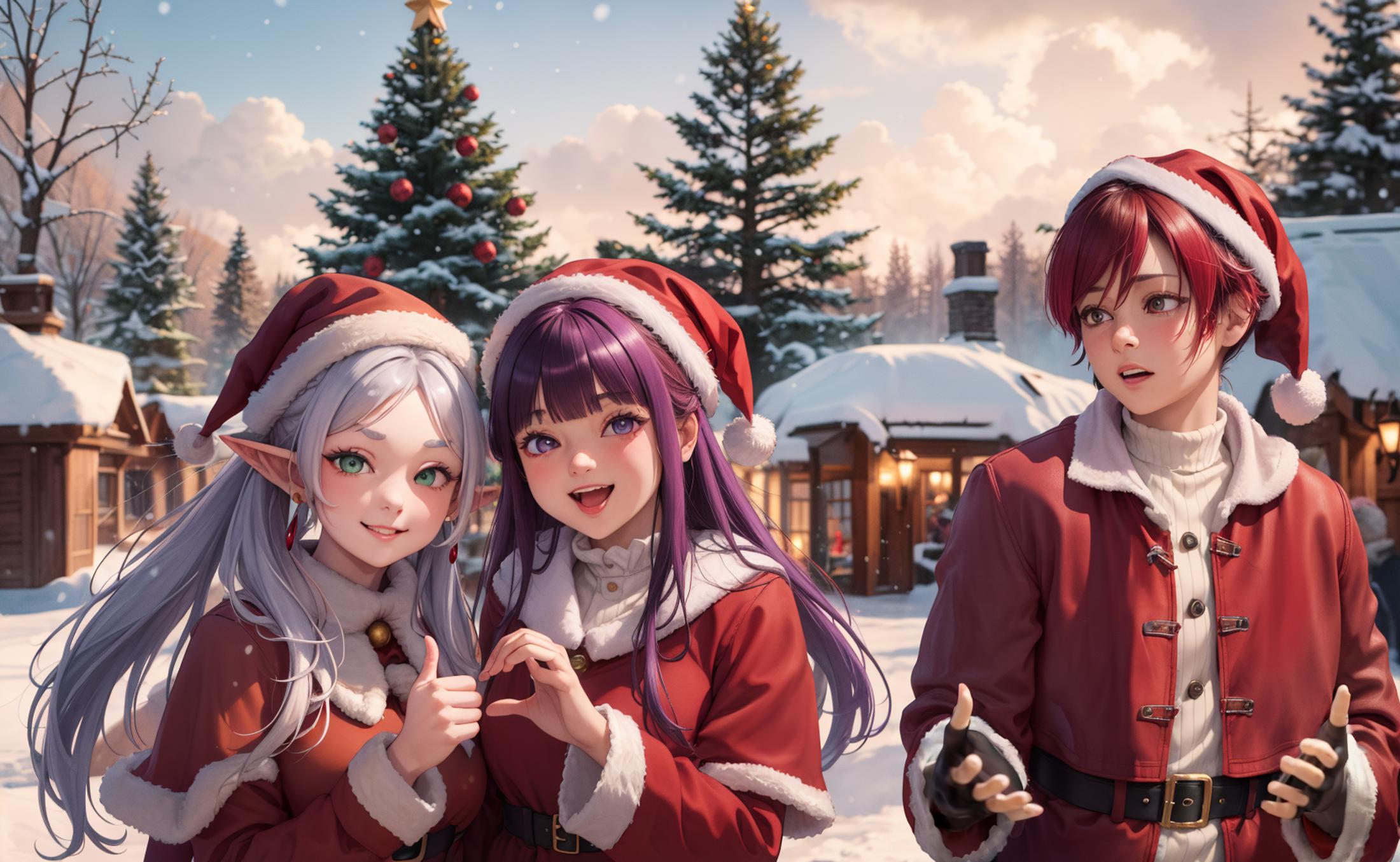 A cartoon image of three Christmas elves posing for a picture.