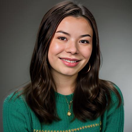 a Realistic portrait of a miranda cosgrove with blue eyes, looking at the viewer, detailed face, detailed eyes, (smiling showing teeth:1.1), perfect slim body, modelshoot style, hand on own shoulder, wearing a green sweater with long sleeves, wearing gold earrings and jewelry, soft lighting, professional Photography, Photorealistic, detailed, standing in a dark Studio Room background, blurred background, RAW, analog, sharp focus, 8k, HD, DSLR, high quality, Fujifilm XT3, film grain, award winning, masterpiece
 <lora:miranda cosgrove v1.4:1>