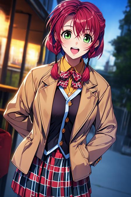 doukoku_riyo, green eyes, red hair, medium hair, twin braids, school uniform, jacket, long sleeves, plaid skirt,
