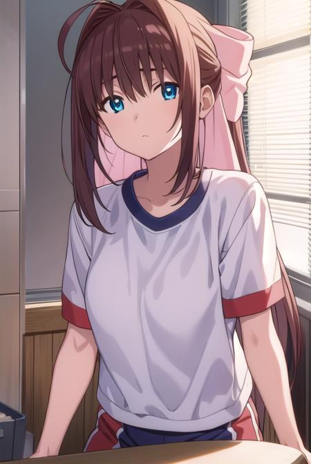 otomeasakura, <lora:otomeasakura-lora-nochekaiser:1>,
otome asakura, long hair, brown hair, bow, ahoge, hair bow, pink bow, blue eyes,
BREAK gym uniform, buruma, red buruma,
BREAK looking at viewer,
BREAK indoors, classroom,
BREAK <lyco:GoodHands-beta2:1>, (masterpiece:1.2), best quality, high resolution, unity 8k wallpaper, (illustration:0.8), (beautiful detailed eyes:1.6), extremely detailed face, perfect lighting, extremely detailed CG, (perfect hands, perfect anatomy),