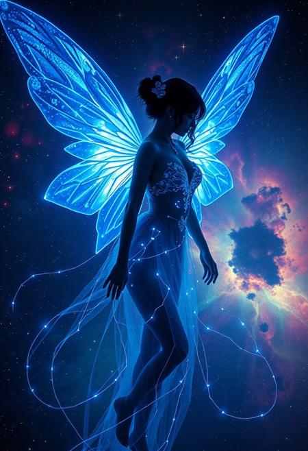 (in Otomo Katsuhiro style:1.2), high-quality, masterpiece, Photo of a fairy with glowing translucent wings, blue bioluminescent, her body silhouetted against a vast nebula, the colors of the nebula swirling around her, delicate strands of light connect her to the stars, Style is Celestial and sensual, Lighting is Dramatic with vibrant nebula hues, Nebula glow, ethereal wings, celestial, dynamic composition, (elaborately detailed attire with extraordinary elements:1.1), big natural breasts, (hyperdetailed:1.1), (intricate details:1.0), (Refined details:1.1), (best quality:1.1), (high resolution:1.2)