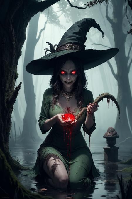 Horror-themed an image of a swamp witch, we can use the following prompts:, swamp, marshland, murky water, dark forest, twisted trees, frog legs, toadstool, mossy rocks, swamp creatures, wetlands, insects buzzing, eerie atmosphere, black cauldron bubbling, glowing eyes watching from the shadows, crooked nose, wrinkled skin, warty face, razor sharp teeth, green dress tattered and muddy, witch hat askew, broomstick leaning against a tree, snakeskin boots, long nails painted blood red, potion bottles filled with strange liquids, spiders spinning webs on branches above.,, (masterpiece, high quality, best quality:1.3), Detailed, (everything Detailed),<lora:more_details:0.1>,<lora:add_detail:0.1>,<lora:EnhancedDetail:0.5>,<lora:detail_slider_v4:0.1>, . Eerie, unsettling, dark, spooky, suspenseful, grim, highly detailed