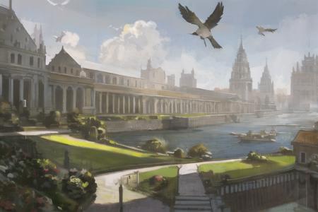 a painting of a city with a large building on top of it and a bird flying over it and a lot of trees