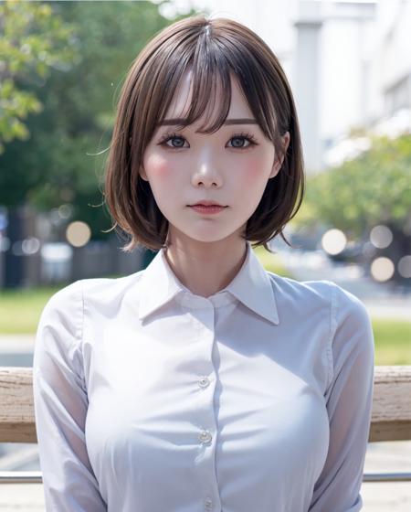 pureerosface_v1:0.3, best quality, photorealistic, 8k, high res, full color, 1girl, woman, 20 years old woman, (closed mouth:1.73), (skindentation), (portrait:0.6), trees, park bench, daylight, ((park background:1.52)), full color, ((buttonedwhiteshirt:1.58)), looking at viewer:1.8, (1girl eyes looking at viewer:1.55), (short hair, brownhair, partedbangs:1.45), (bokeh), <lora:AAV-miru:0.69>