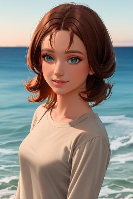 Irma, brown hair,solo,blue eyes,short hair,green eyes, standing, upper body,   casual clothes,  near sea,  happy, 
(insanely detailed, beautiful detailed face, masterpiece, best quality) cinematic lighting,
 <lora:IrmaLair:0.7>