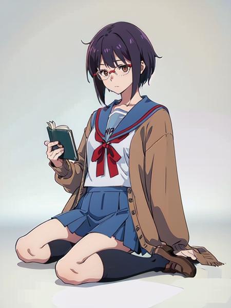 masterpiece, best quality, ultra-detailed, illustration,
kita high school uniform, 1girl, school uniform, solo, nagato yuki, serafuku, skirt, winter uniform, sailor collar, blue sailor collar, short hair, blue skirt, cardigan, purple hair, glasses, open clothes, open cardigan, socks, shoes, red ribbon, kneehighs, brown eyes, ribbon, holding book, full body, brown cardigan, long sleeves, simple background, white background,
<lora:kitakouseifuku:0.8>