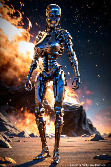 explosions in the background, night sky, full body shot (Realisitc:1.5) woman terminator, big breasts, <lora:EdobTerminatorFemale_v1.0:0.8>