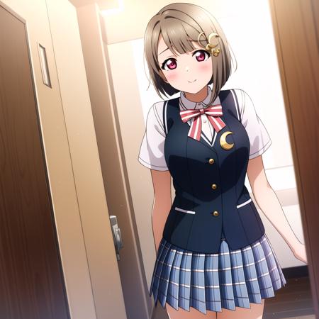 ((Masterpiece)), ((ultra quality)), <lora:kasumin:1>, blunt bangs, blush, bob cut, bow, light brown hair, buttons, cowboy shot, crescent, crescent hair ornament, hair ornament, hairclip,nakasu kasumi, nijigasaki academy school uniform