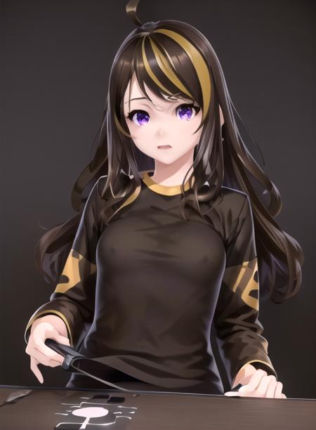 best quality, (masterpiece),(ultra-detailed), (high quality), (high resolution), <lora:kiarafey-10:0.7>,1girl, ahoge, black background, blonde hair, brown hair, kiarafey, long hair, multicolored hair, playstation controller, purple eyes, shirt, simple background, small breasts, solo, streaked hair, upper body