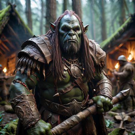 highly detailed portrait photo of a (ogre shaman):1.2  in a primitive camp in the forest.

ogre shaman, solo, long hair, brown hair, holding, weapon, male focus, armor, beard, axe,

performing magic in a primitive forest encampment,

depth of field:1.2, blurry, blurry background,
realistic:1.3,

photorealistic,
fantasy, cinematic,
32k, best quality, 


shadow play:1.1,




