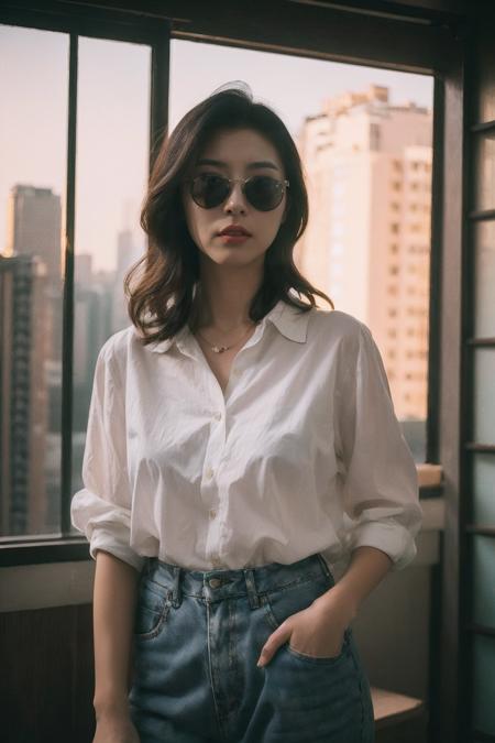 Best Quality,Masterpiece,Ultra High Resolution,(Realisticity:1.4),Original Photo,Cinematic Lighting,
1girl,HongKong style,HongKong,
<lora:HongKong style v1.0:0.6>,cowboy,sunglasses,