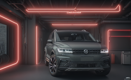 -looking through a window inside a garage, dark matte-gray volkswagen tiguan II ((2024)) suv car, (with red neon glowing tires)  car license plate adjacent to the text DE VW 270, city view, cyberpunk, futuristic, octane, render, cgi, global illumination, vibrant colors, best quality, highly detailed,cinematic scene, stunning colors, ultra detail, HD, soft lighting, intricate, very detailed, pixiv, 4k, high quality
 <lora:texta:1> logo, text,