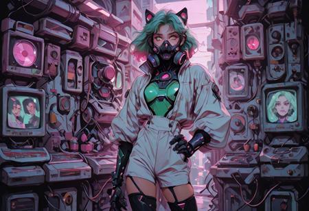 Shinkaistyle masterpiece of a slender, fit, tall, long-legged anime-style cyberpunk character in a retro, pink aesthetic. She has long, flowing teal hair, emerald green eyes with cybernetic augmentations, and wears black and white armor with gauntlets and boots. She poses with one hand on her hip, the other in her pocket, engaging the viewer with direct eye contact. The background is a dynamic, holographic cityscape with soft shadows from a light source on the left. The overall atmosphere is one of cybernetic beauty and futuristic fantasy. 1girl, solo, long green hair, medium breasts, green eyes, open jacket over white shirt, black gloves, looking at viewer, bangs, simple gradient background, eyelashes, aqua hair, mask, animal ears, glowing eyes and elements, headphones, slit pupils, dark skin, neon trim, cyberpunk respirator.