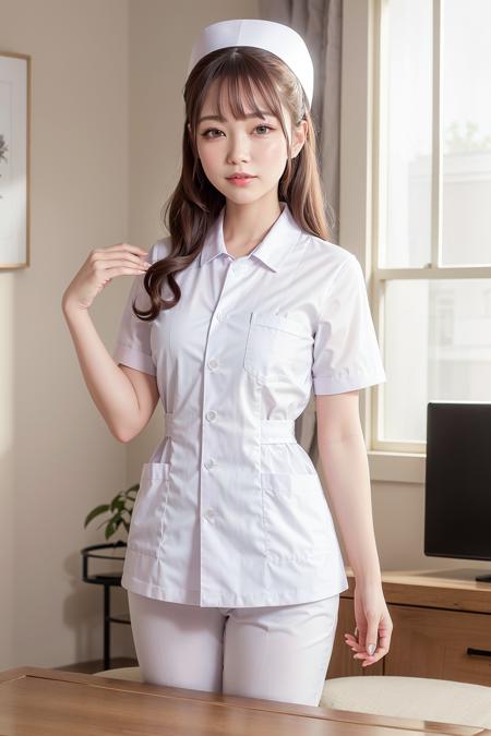 (photorealistic:1.4),(masterpiece:1.4),(best quality:1.4),ultra high res,HDR,8k resolution,detailed skin texture,detailed cloth texture,
aegyo sal,1girl,solo,slim waist,brown hair,medium breasts,smile,nurse,<lora:nurse_v30:0.7>,(collared white nurse_uniform:1.4),(white cardigan:1.3),short sleeves,hat,white nurse cap,white leggings,
(ulzzang-6500:0.5),<lora:Gini_S2:0.2:lbw=fach>,
dining room,living room,day time,indoor,windows,curtains,sofa,coffee table,television,photo frame,plants,flowers,