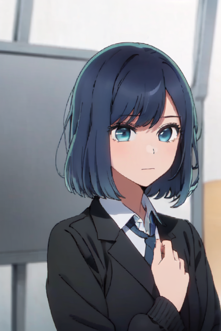 1girl, short hair, solo, blue hair, blue eyes, closed mouth, blurry background, upper body, black hair, school uniform, school class, black jacket