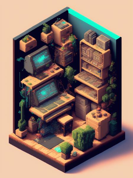 <lora:IsometricCutaway:1>hyper detailed isometric SVG pixel art image, slim arons mid century modern cyberpunk home, detailed japanese pixel art game, crt pixel art, synthesizer computer, psychedelic wizard