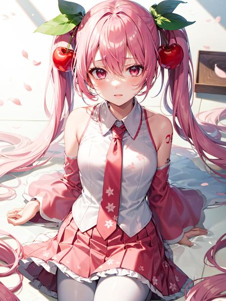 1girl, solo, <lora:Sakura_Miku-10:1>, pink hair, pink eyes, twintails, food-themed ornament, cherry_ornament, ((cherry_blossom print)), sleeveless, sleeveless shirt, detached sleeves, white shirt, pink necktie, petals, pink skirt, <lora:epiNoiseoffset_v2:1>, rim light, white_pantyhose, tattoo, bare_shoulders,