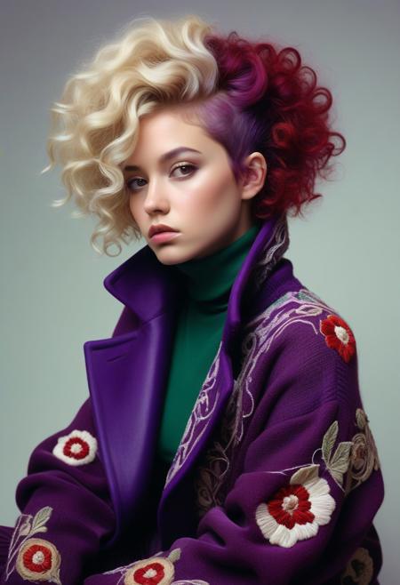 The image is a high-resolution photograph featuring a young woman with a distinctive hairstyle and attire. The subject has short, curly hair that is a mix of natural blonde and dyed green, with the green color predominantly at the roots and fading into the blonde ends. The person's skin tone is fair, and they have a round face with a slightly pensive expression. They are wearing a chunky, knitted sweater with a high neck. The image is a high-resolution photograph featuring a woman seated on the floor against a plain, light-colored background. She is dressed in an elaborate, luxurious coat that appears to be made of velvet in a rich, deep purple color. The coat is adorned with intricate, white, ornate embroidery that features swirling patterns and floral designs, giving it an opulent and vintage-inspired aesthetic. The image is a high-resolution photograph featuring a young woman with an avant-garde hairstyle and outfit. She has a striking, voluminous hairstyle with a mix of curly hair in shades of purple and red, styled in a voluminous, asymmetrical fashion, with some strands cascading down her face and neck. Her hair is styled in a way that resembles a modern art installation, with a mix of vibrant colors and natural texture.