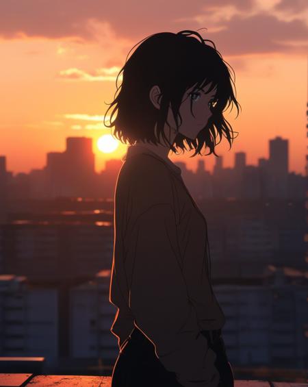 stablishing shot,a solitary beautiful brunette girl, messy wob cut,sunset time urban silhouette background,anime style, aesthetic, best quality