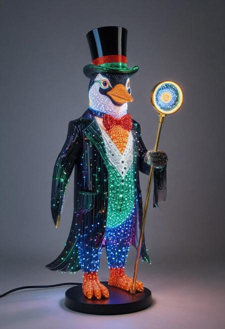 embedding:lazmpos, LED, colorful LED lights, RGB lights, red green and blue penguin, art deco, top hat, cane, monocle,RetroBG