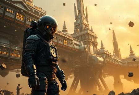 A cinematic shot of an undead lich astronaut in a vibrant metallic black spacesuit standing in the foreground, with a massive, ziggurat spacestation as the backdrop. The spacestation is adorned with numerous lights, windows, and technical details. The astronaut's suit is equipped with various gadgets and patches. The atmosphere is filled with floating debris and a hazy golden glow