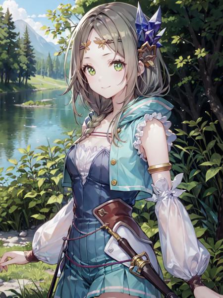 1girl, solo, masterpiece, best quality, charfirisnorm, upper body, standing, looking at viewer, closed mouth, smile, hair ornament, circlet, arms at sides, forest, river, <lora:firisv1i-000014:0.8>