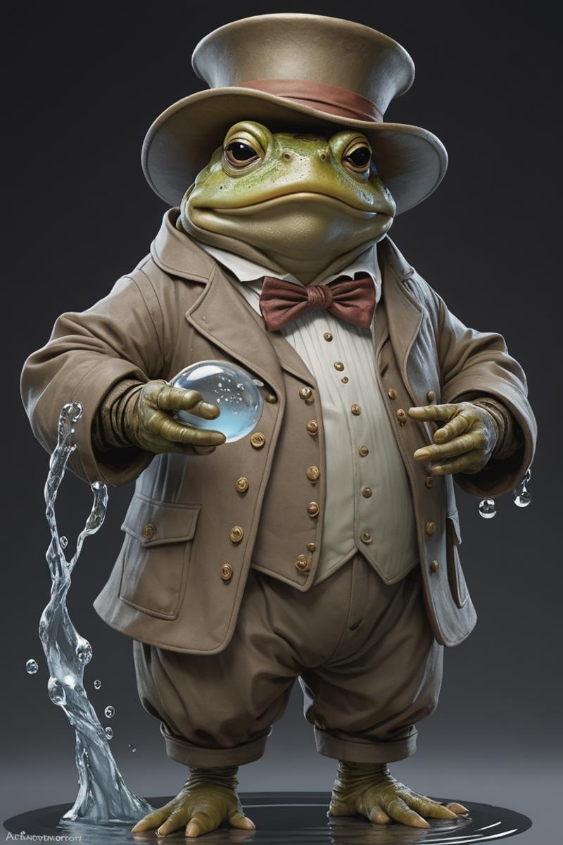 A frog dressed in a suit and hat, holding a globe.